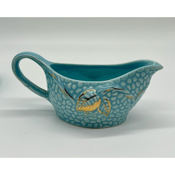 Wade Golden Turquoise Small Gravy Boat Sauce Pitcher w Under Plate Gold Teal A - Picture 3 of 10